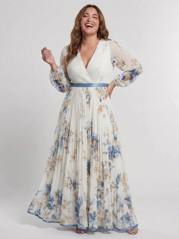 Lavinia | Vestido Maxi de Manga Larga con Escote en V y Diseño Floral
