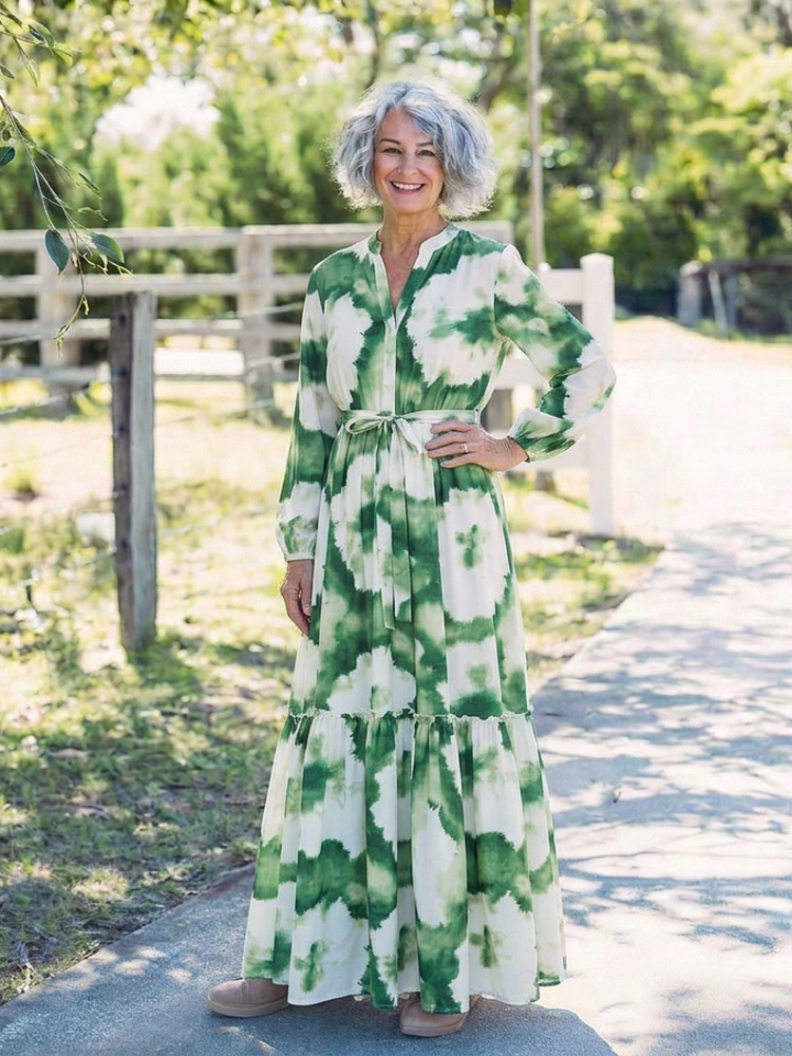 Sabine | Vestido maxi de manga larga con cintura anudada