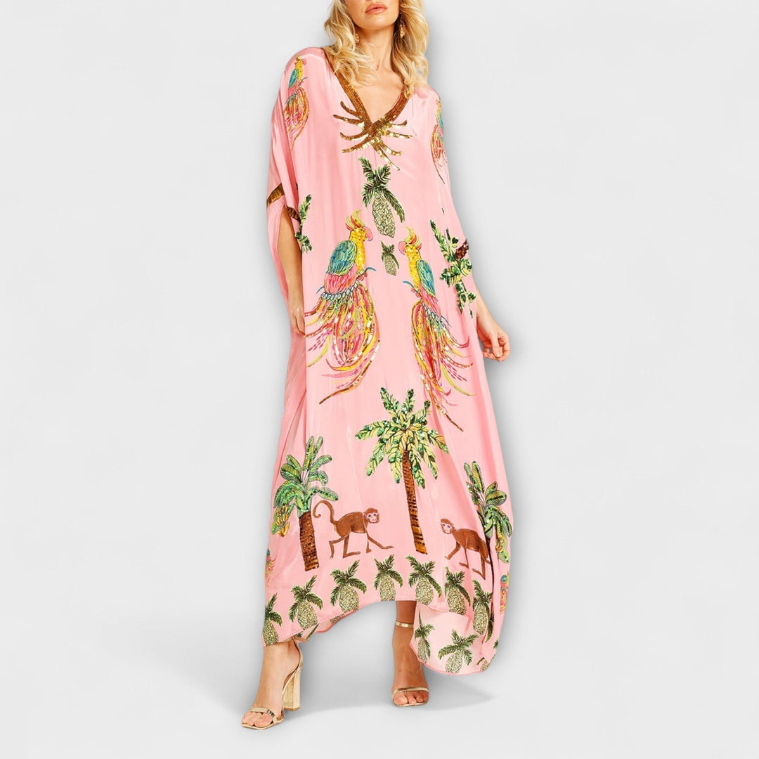 Linda - Vestido impresionante con tirantes asimétricos y estampado de palmeras