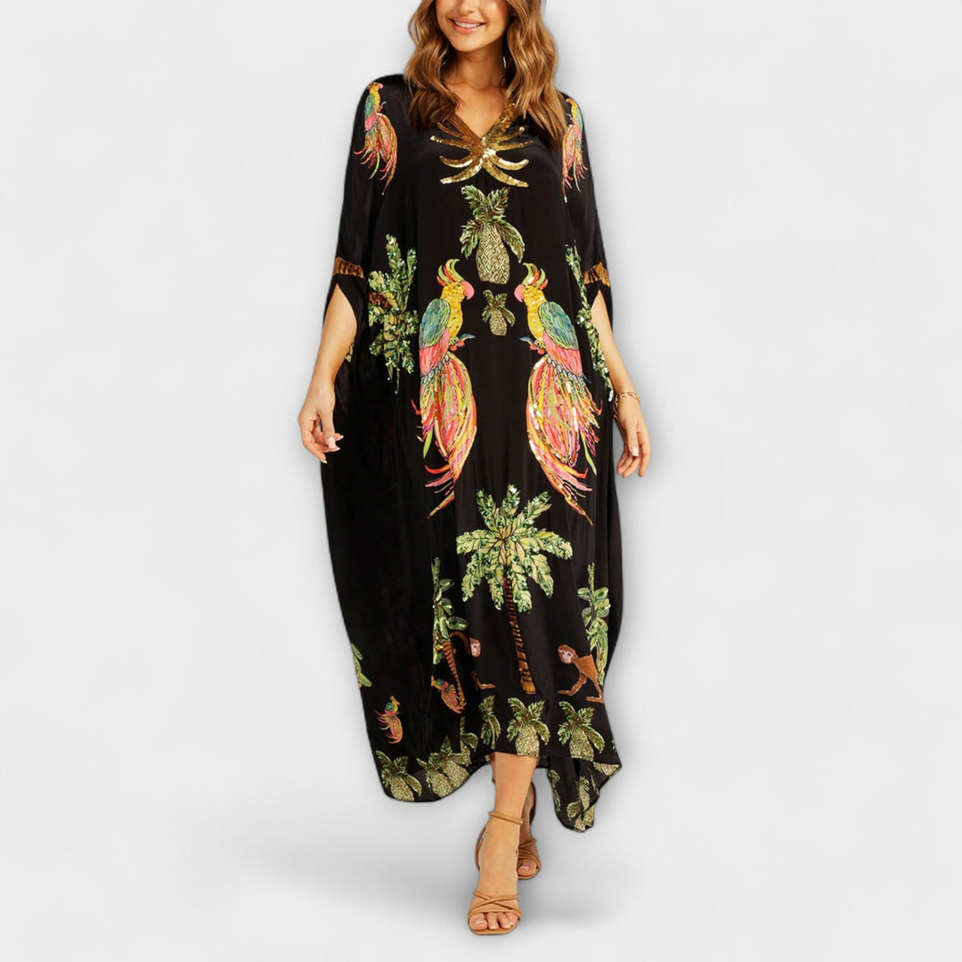 Linda - Vestido impresionante con tirantes asimétricos y estampado de palmeras