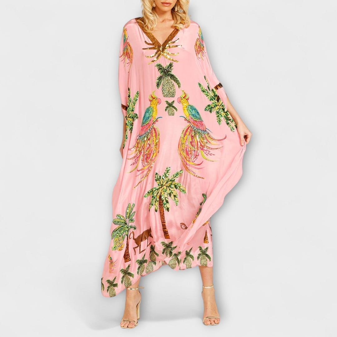Linda - Vestido impresionante con tirantes asimétricos y estampado de palmeras