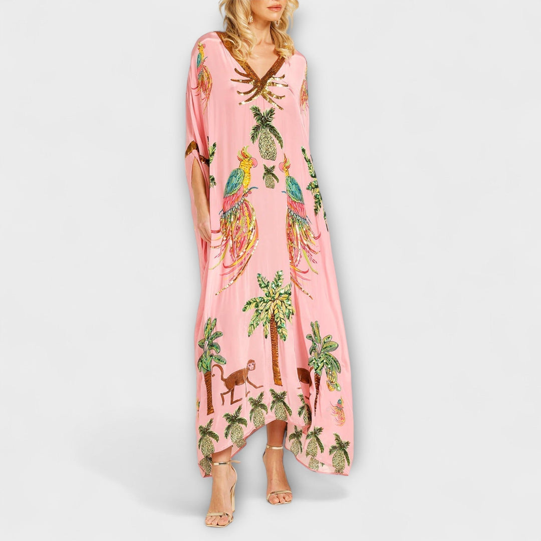 Linda - Vestido impresionante con tirantes asimétricos y estampado de palmeras