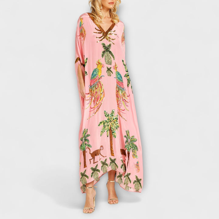 Linda - Vestido impresionante con tirantes asimétricos y estampado de palmeras