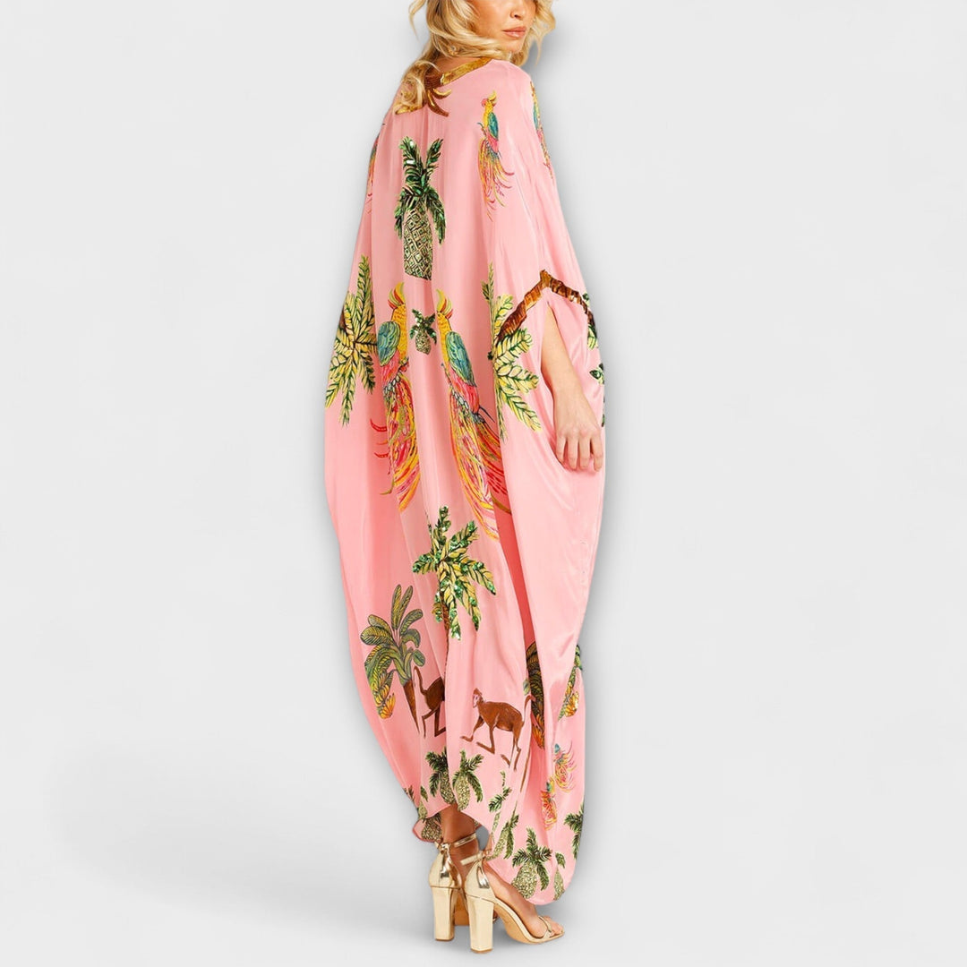 Linda - Vestido impresionante con tirantes asimétricos y estampado de palmeras