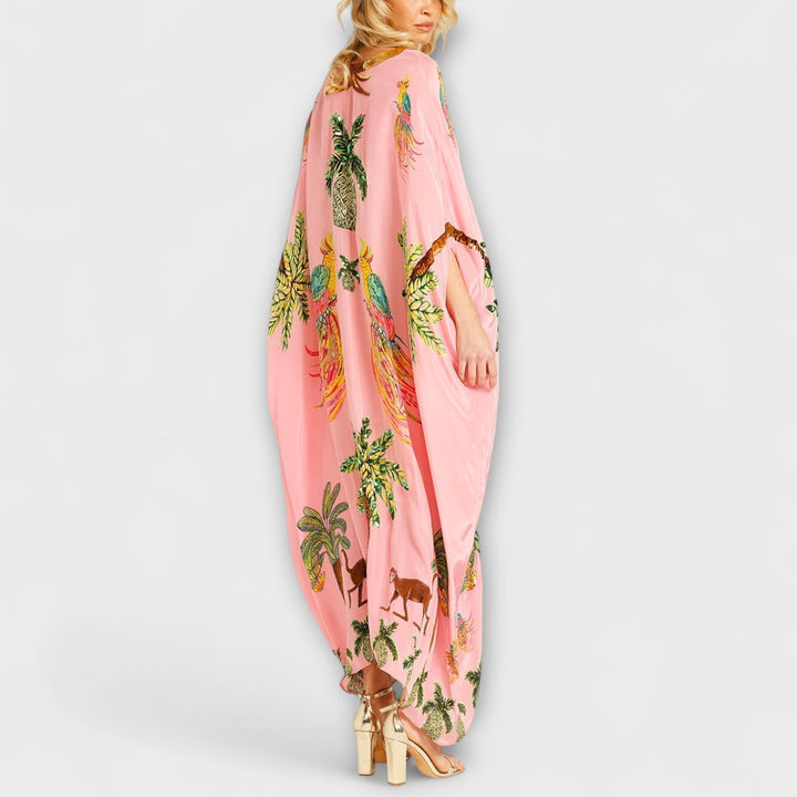 Linda - Vestido impresionante con tirantes asimétricos y estampado de palmeras