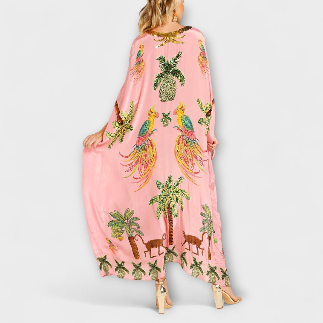 Linda - Vestido impresionante con tirantes asimétricos y estampado de palmeras