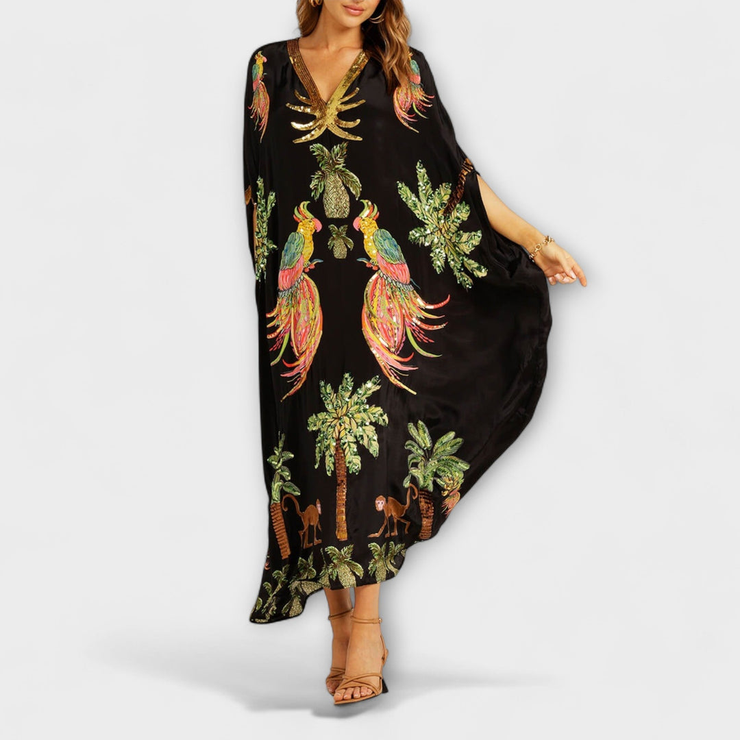 Linda - Vestido impresionante con tirantes asimétricos y estampado de palmeras