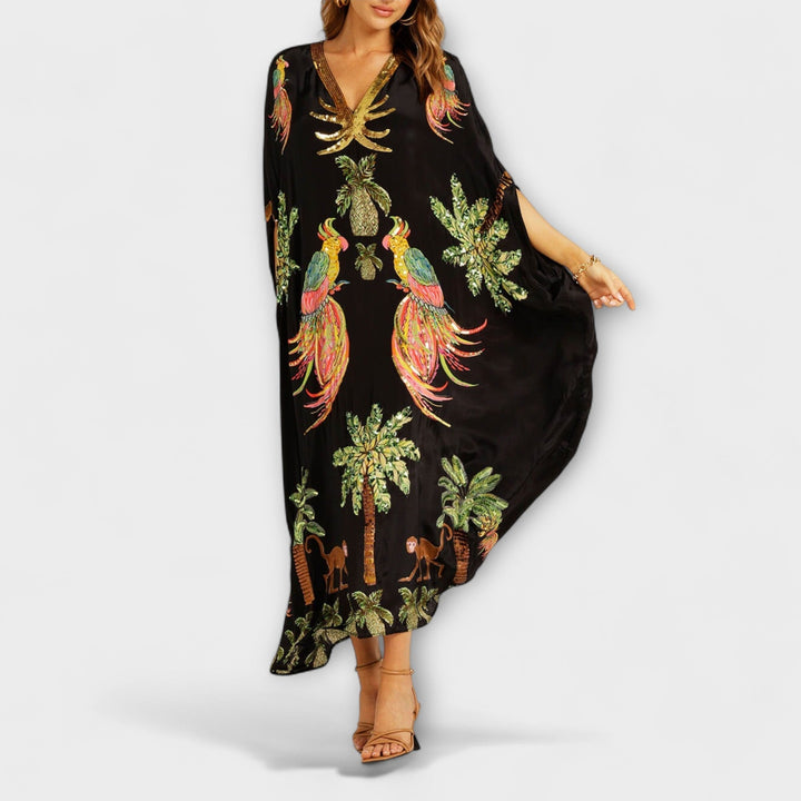 Linda - Vestido impresionante con tirantes asimétricos y estampado de palmeras