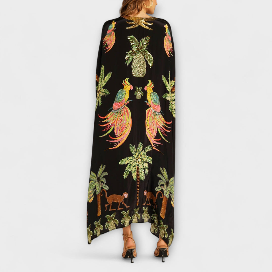 Linda - Vestido impresionante con tirantes asimétricos y estampado de palmeras