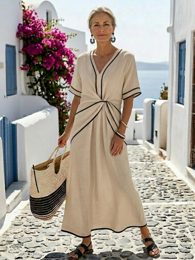 Linnea | Vestido midi de manga corta con escote en V y cintura ajustada