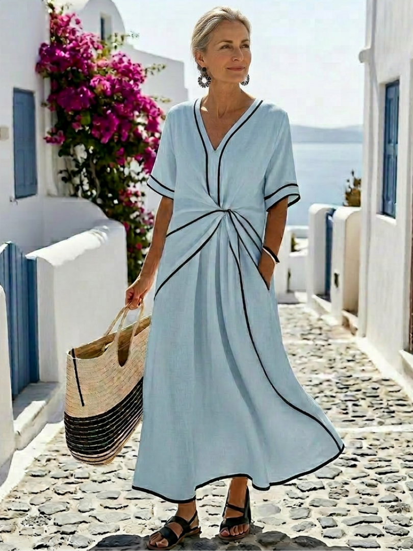 Linnea | Vestido midi de manga corta con escote en V y cintura ajustada