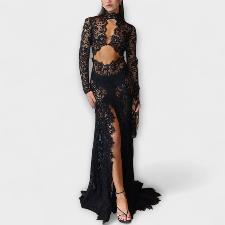 Azalea - Elegancia de Medianoche Vestido maxi de encaje transparente con manga larga y elastano