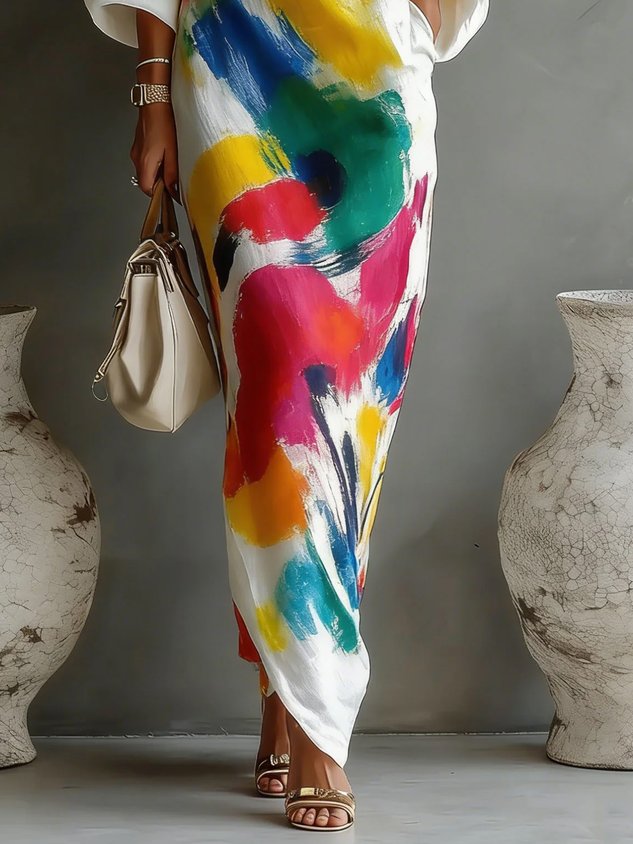 Vestido maxi asimétrico con estampado abstracto
