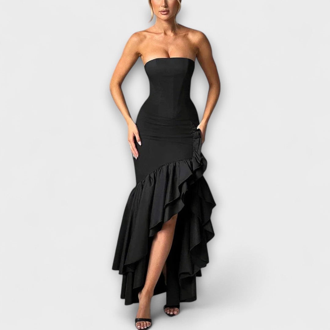 Zuri - Vestido maxi con hombros descubiertos y dobladillo asimétrico