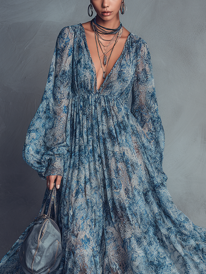 Grace - Vestido maxi de gasa bohemio con estampado floral azul