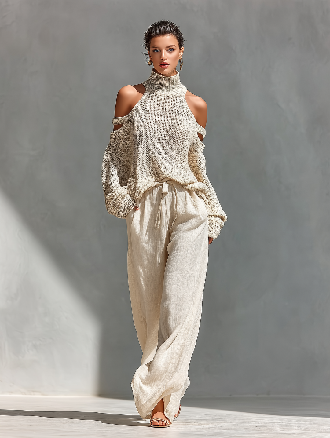 Thalia - Conjunto Beige de Top de Punto con Hombros Descubiertos y Pantalones de Pierna Ancha