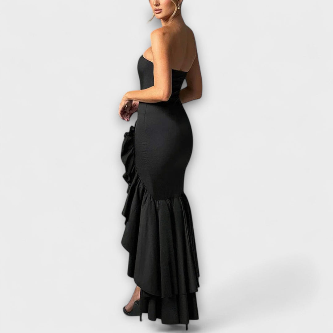 Zuri - Vestido maxi con hombros descubiertos y dobladillo asimétrico