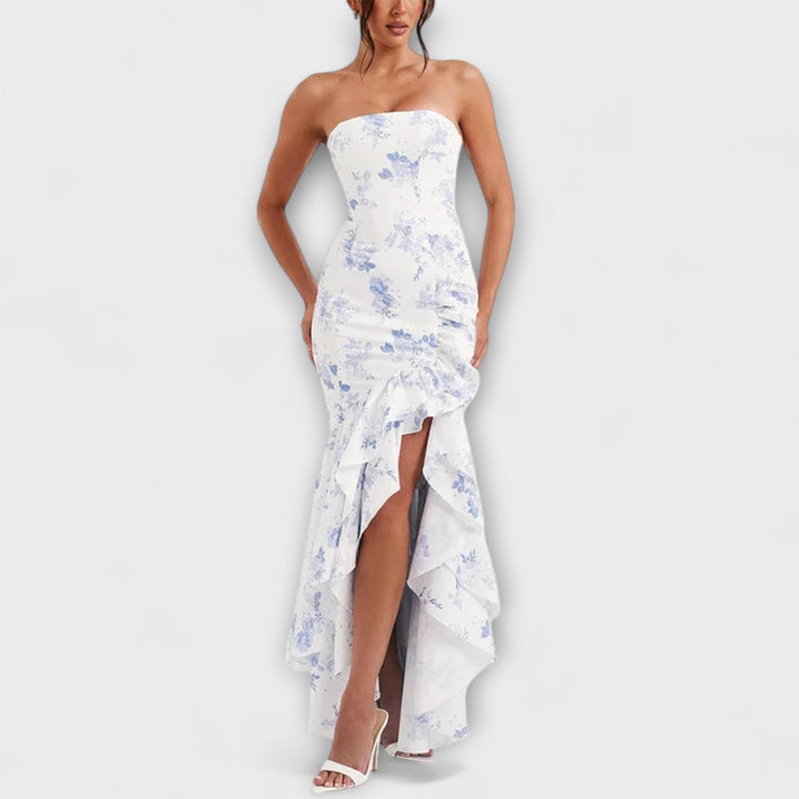 Zuri - Vestido maxi con hombros descubiertos y dobladillo asimétrico
