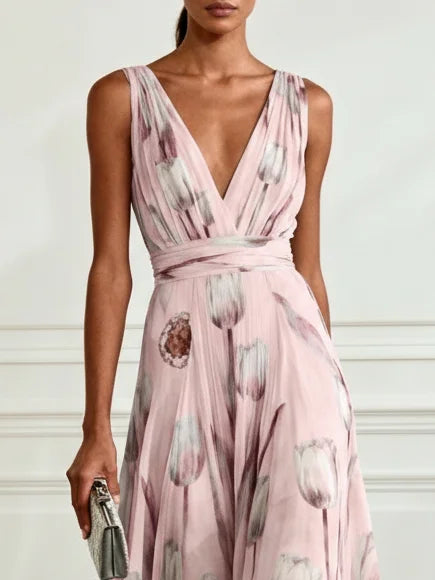 Nerea - Elegante Vestido Maxi con Cuello en V y Estampado de Tulipanes