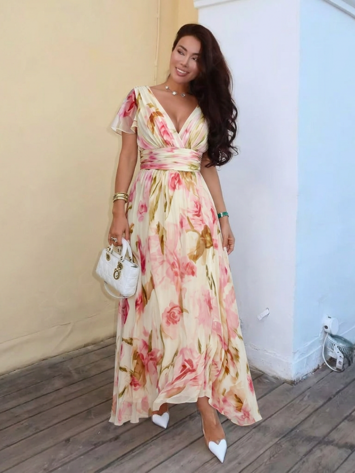 Elara | Vestido de Flores con Manga Corta y Escote en V