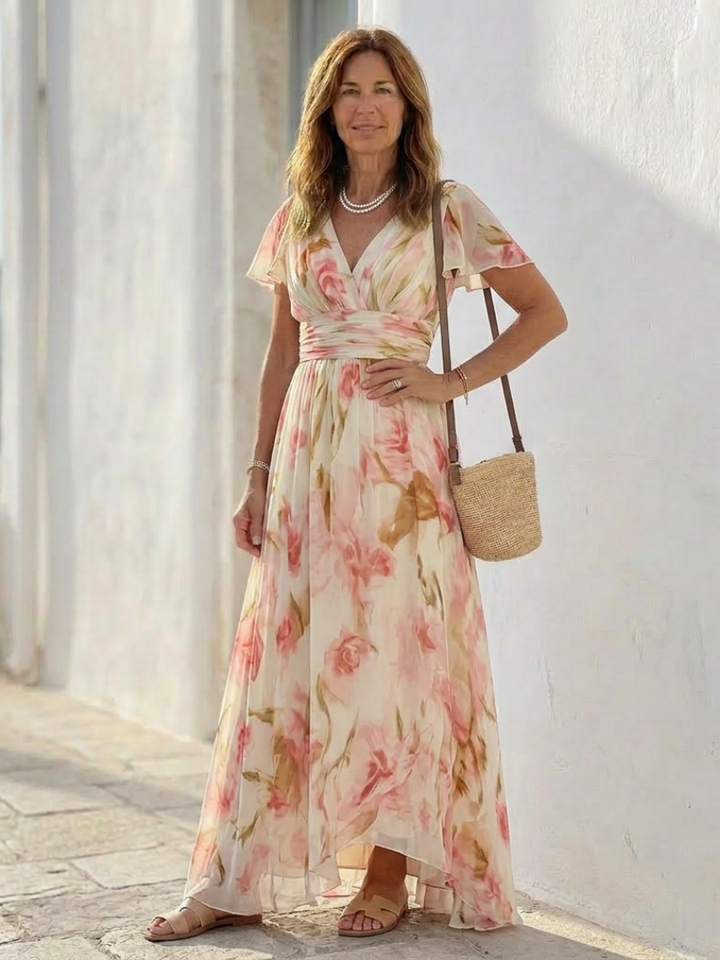 Elara | Vestido de Flores con Manga Corta y Escote en V