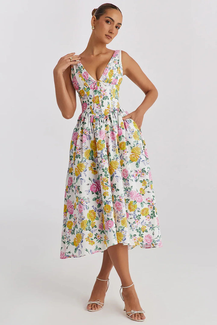 Ariana - Vestido Midi con Corsé y Escote en V