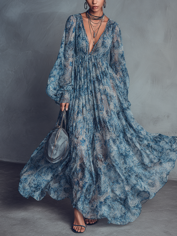Grace - Vestido maxi de gasa bohemio con estampado floral azul