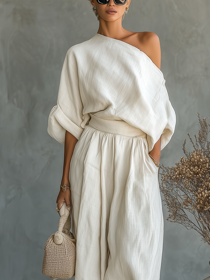 Conjunto de lino con pantalones y diseño de hombros descubiertos