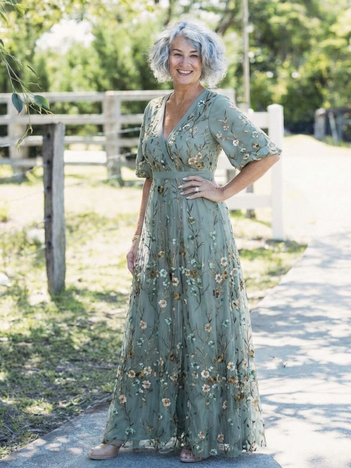 Evadne | Vestido Maxi Floral con Escote en V y Mangas Cortas" se puede reescribir como:

"Evadne | Maxi Vestido Floral con Escote en V y Mangas Cortas