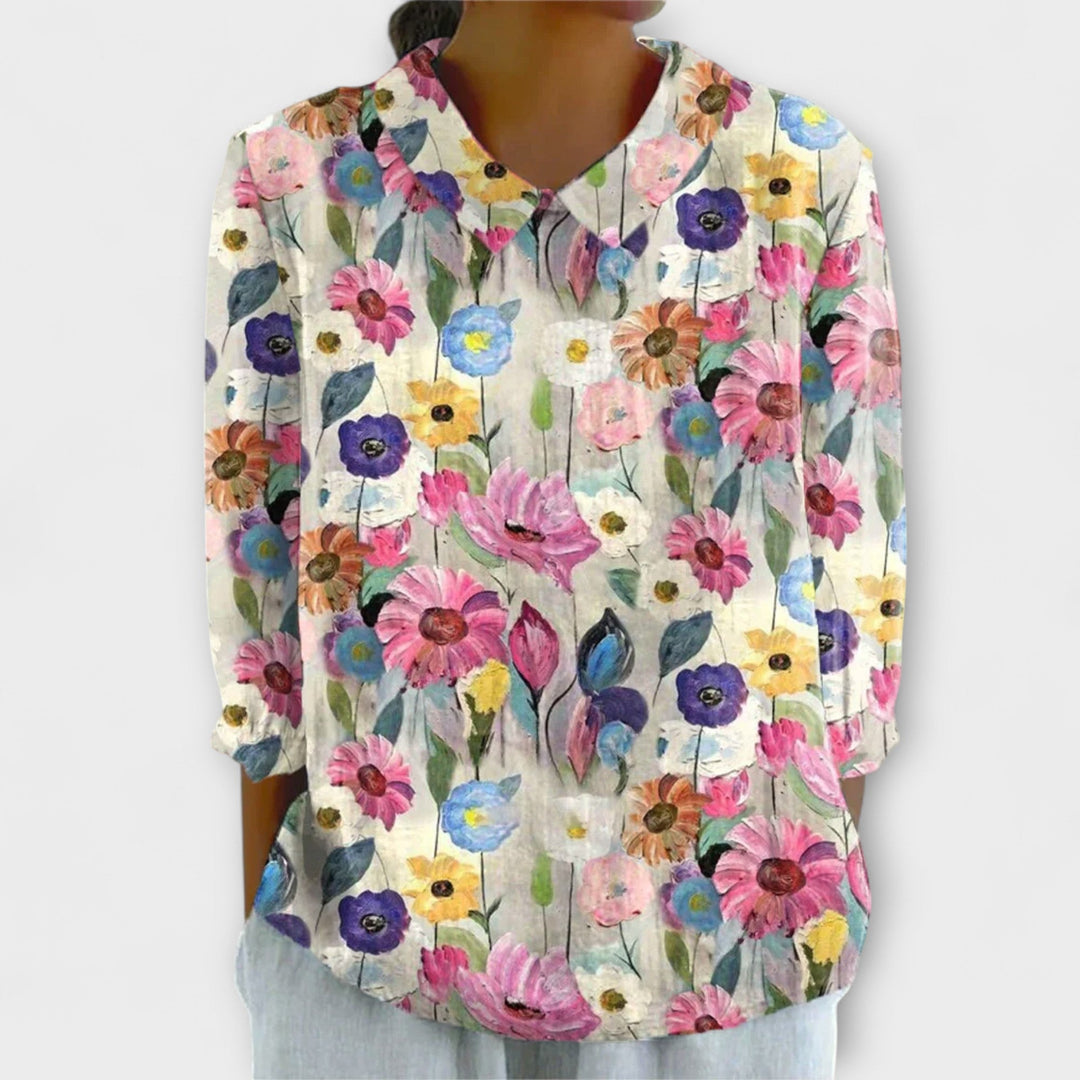 Kelly - blusa vintage de algodón y lino con estampado floral