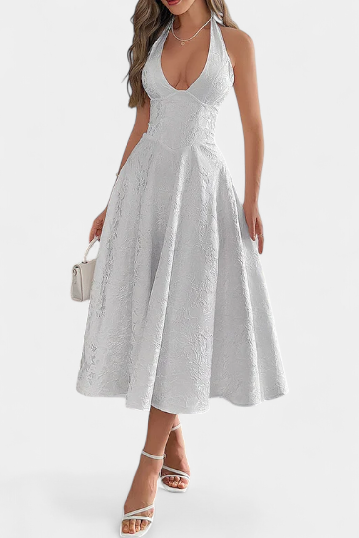 Vestido Midi Jacquard Gilda con Espalda Abierta y Cintura Alta