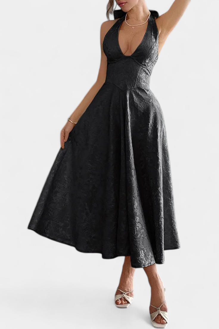 Vestido Midi Jacquard Gilda con Espalda Abierta y Cintura Alta