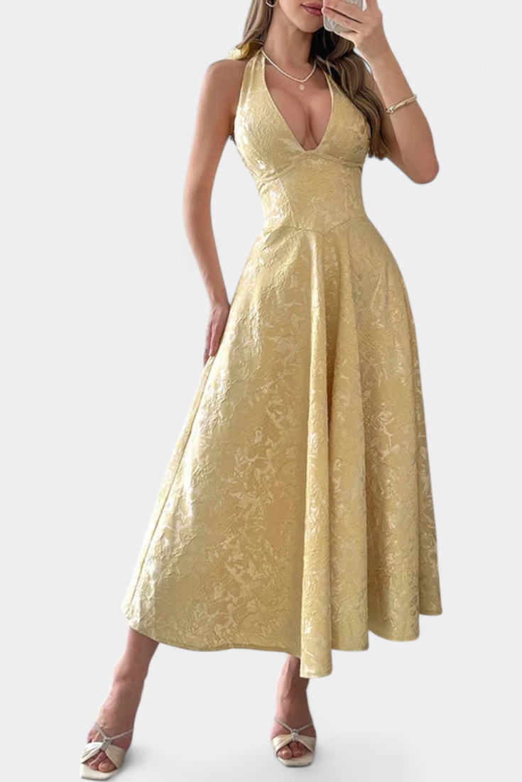 Vestido Midi Jacquard Gilda con Espalda Abierta y Cintura Alta