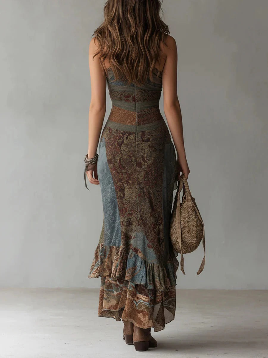 María | Vestido maxi asimétrico con estampado étnico