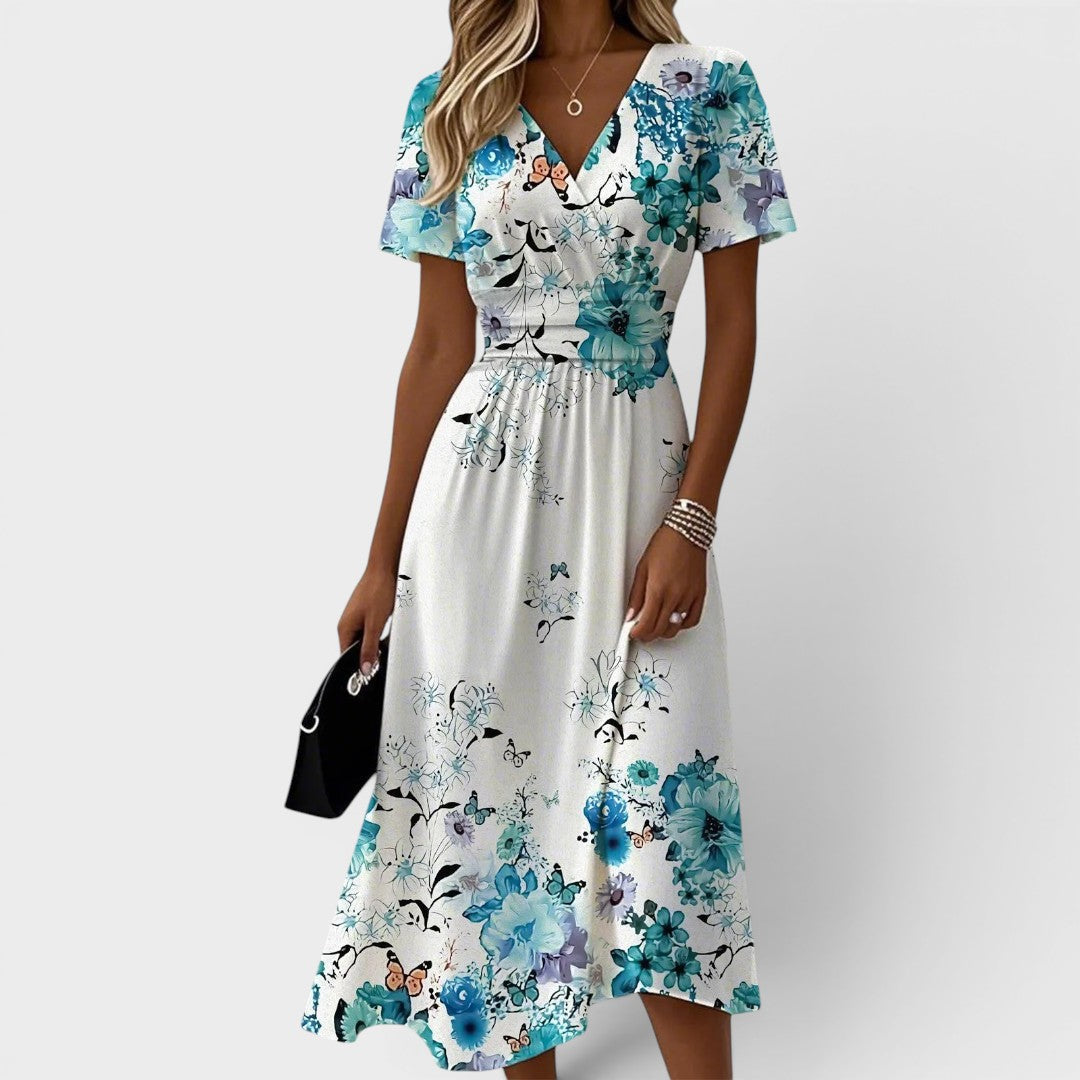 Seraphina | Vestido midi floral azul de manga corta