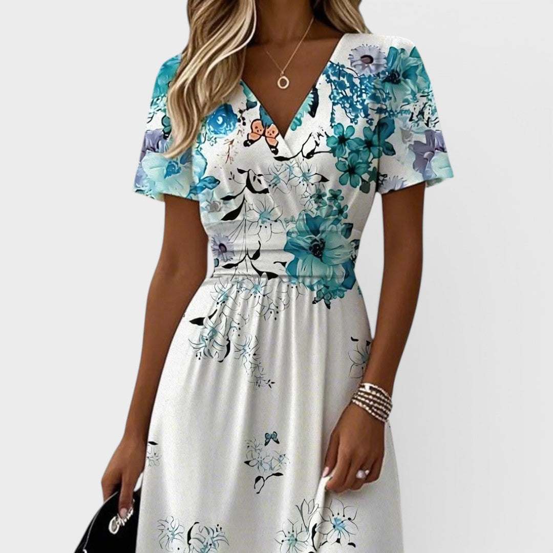 Seraphina | Vestido midi floral azul de manga corta