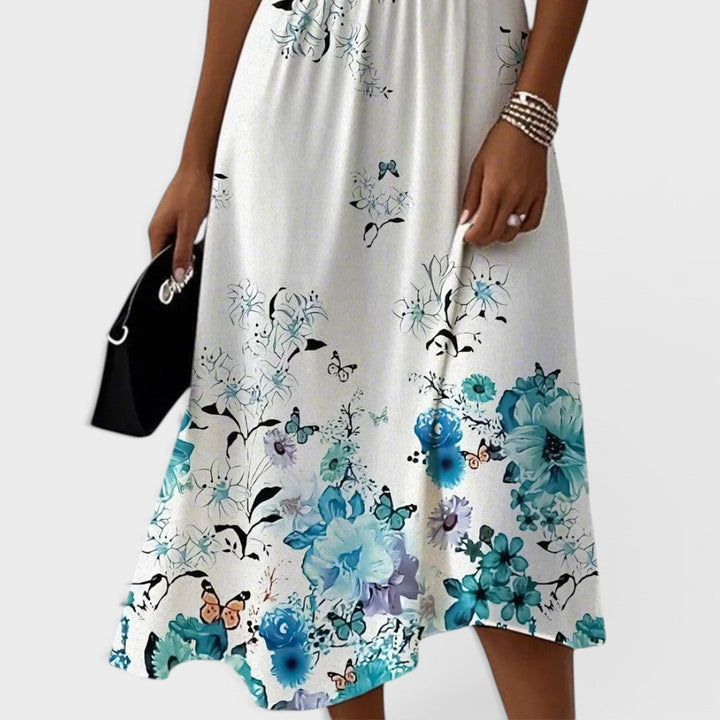 Seraphina | Vestido midi floral azul de manga corta