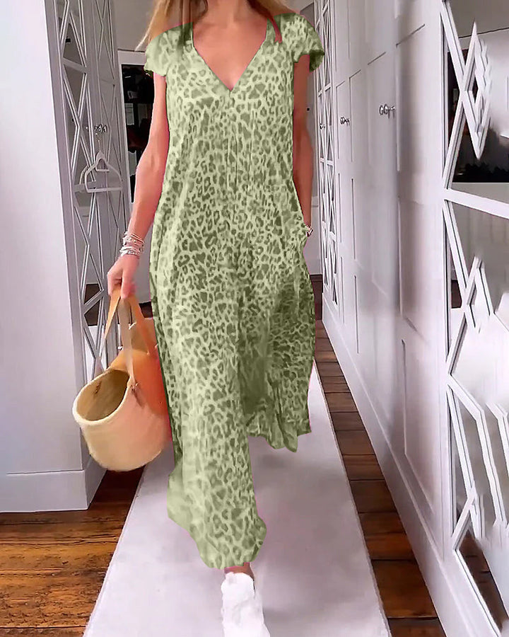 Vestido Largo Estampado con Escote en V y Manga Corta