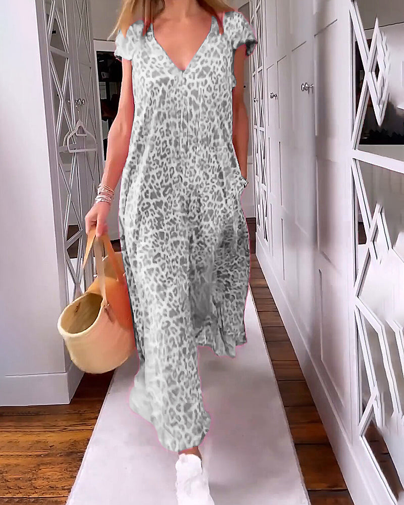 Vestido Largo Estampado con Escote en V y Manga Corta