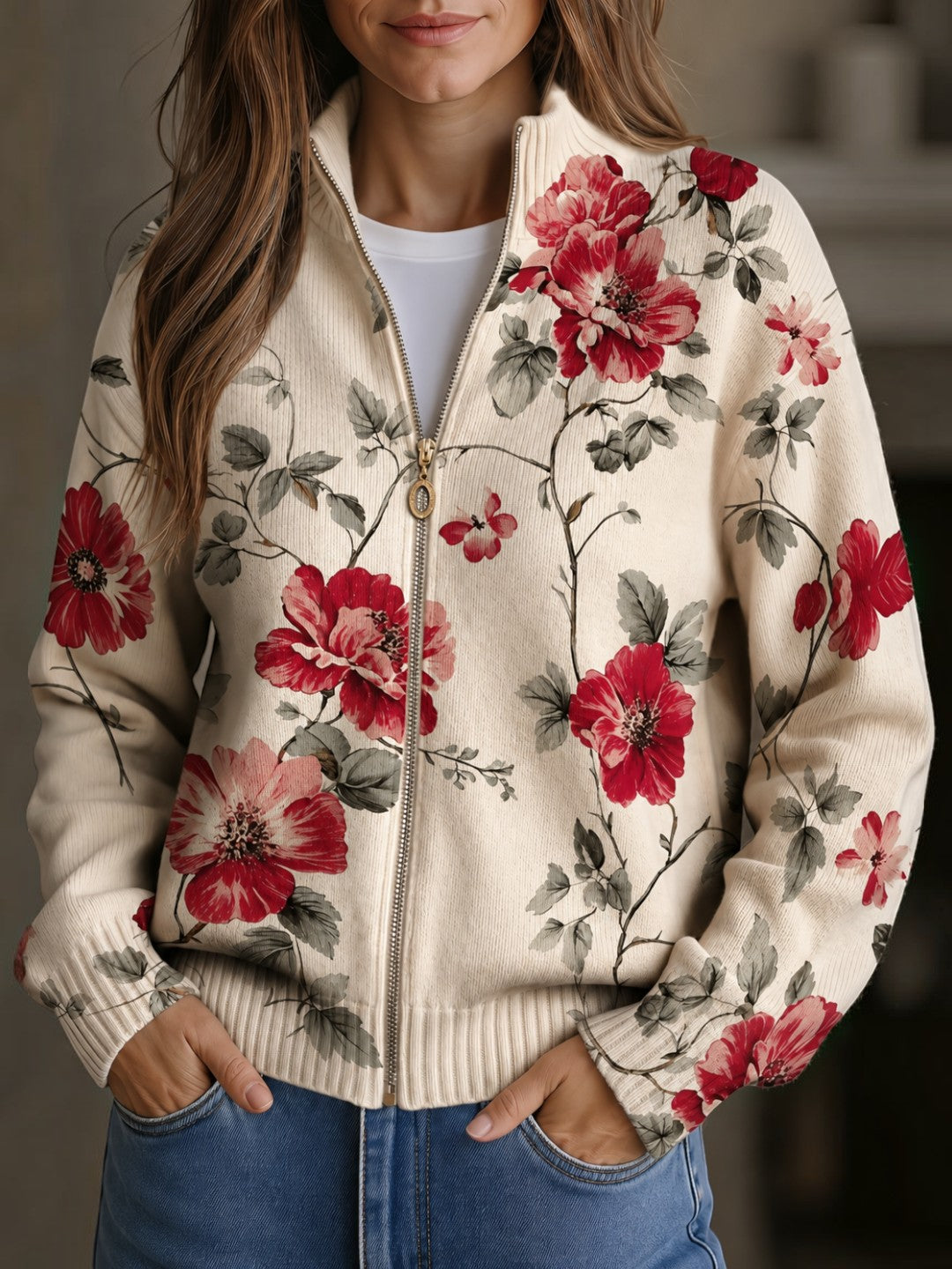 Yolanda | Cárdigan de punto con estampado vintage de rosas