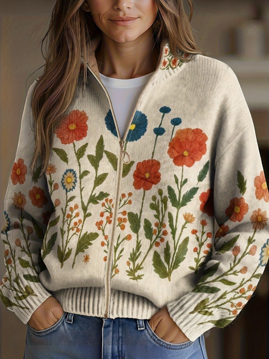 Vanesa | Cárdigan de punto con estampado de flores silvestres