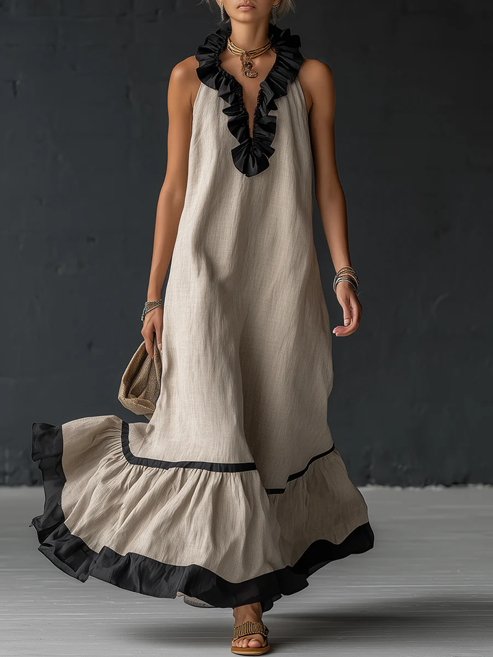Celestine | Maxi vestido con volantes y diseño color block