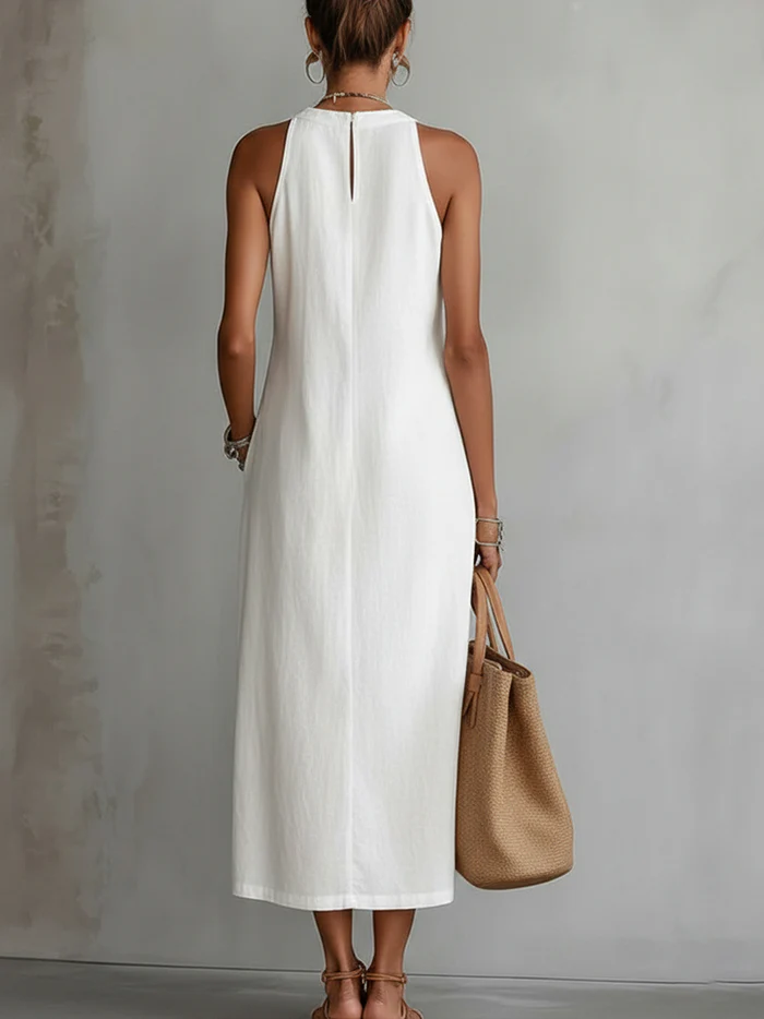 Jimena | Midi Linen Dress with Mao Collar