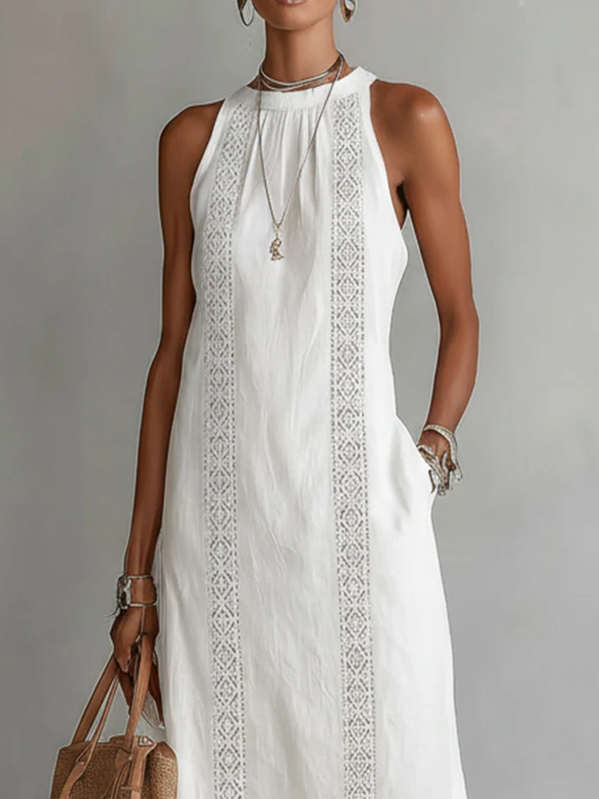 Jimena | Midi Linen Dress with Mao Collar