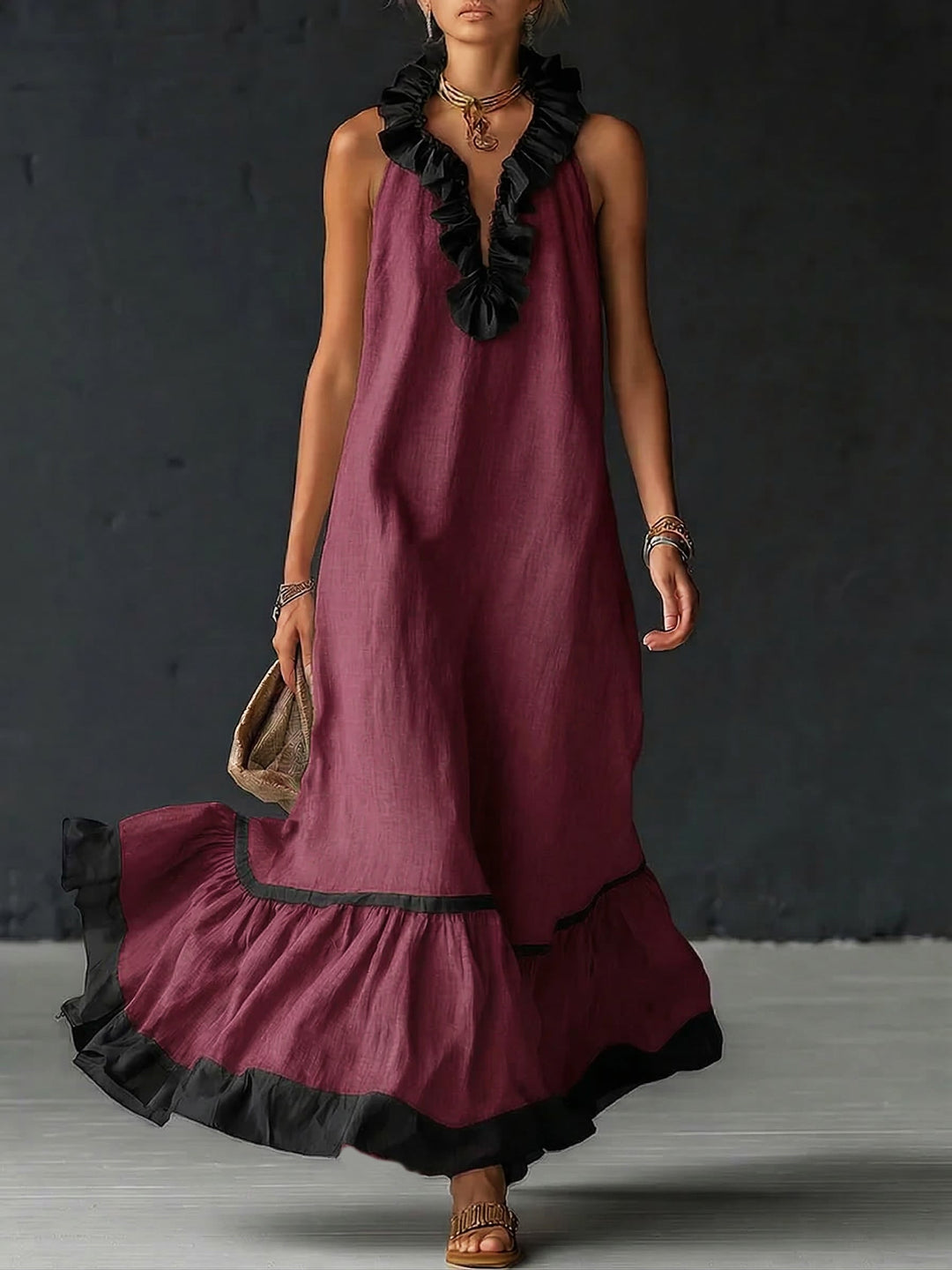 Celestine | Maxi vestido con volantes y diseño color block