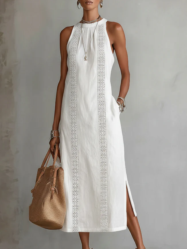Jimena | Midi Linen Dress with Mao Collar