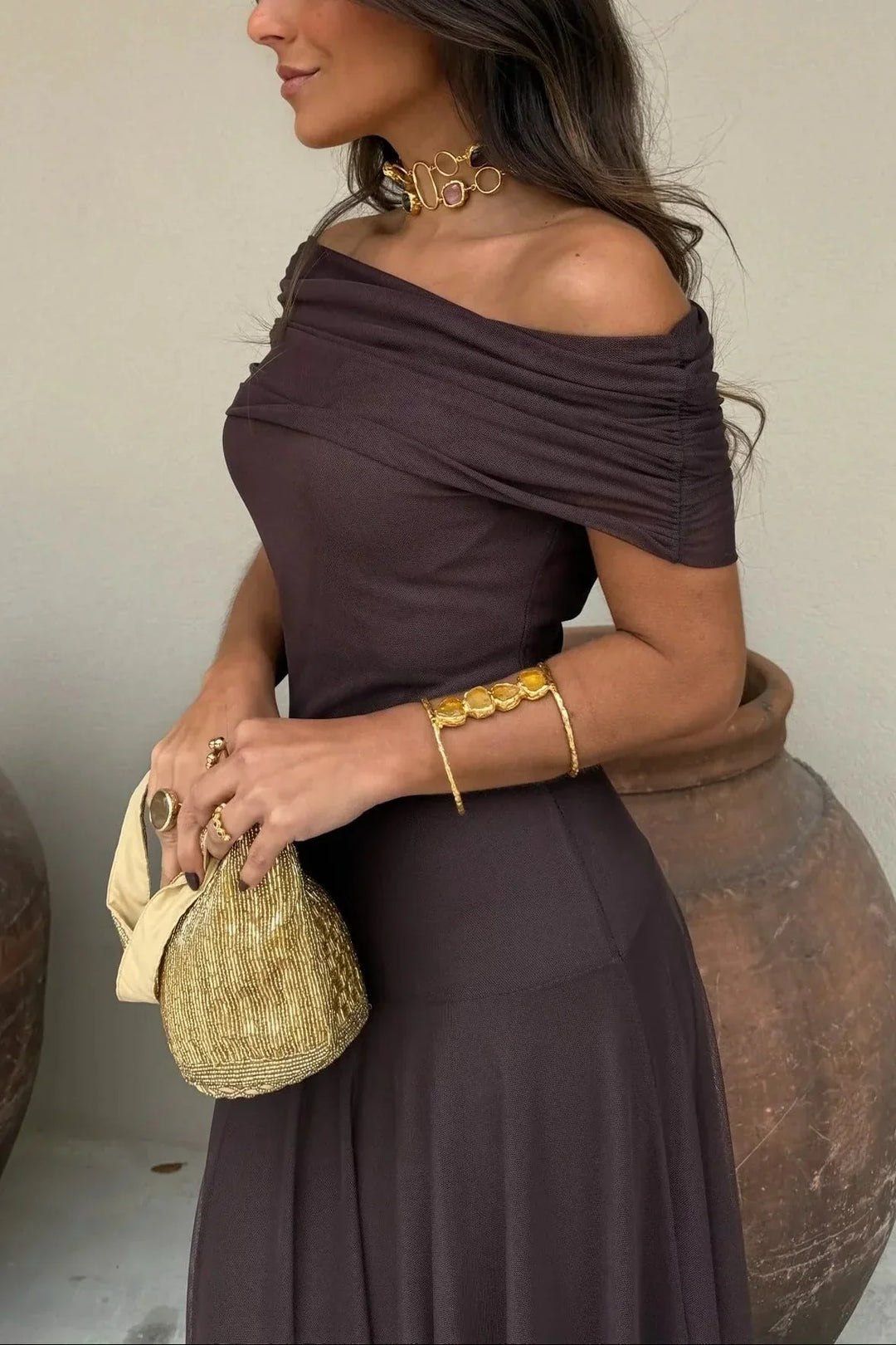 Vestido Largo Plisado de Un Solo Hombro