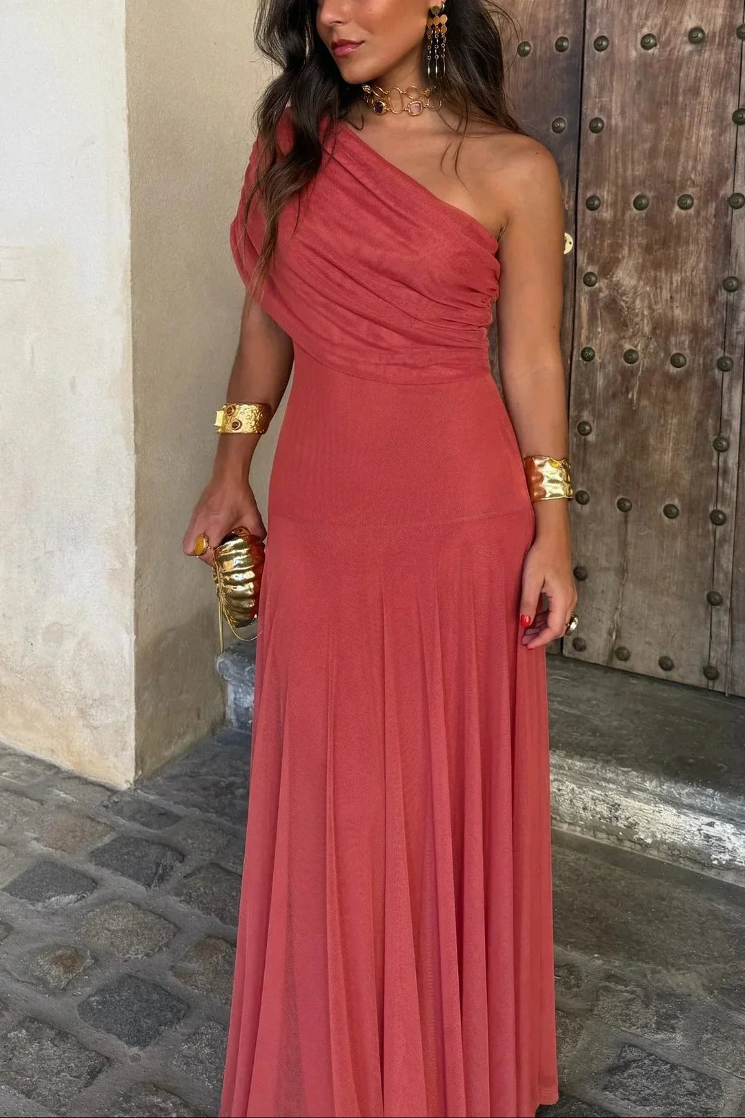 Vestido Largo Plisado de Un Solo Hombro