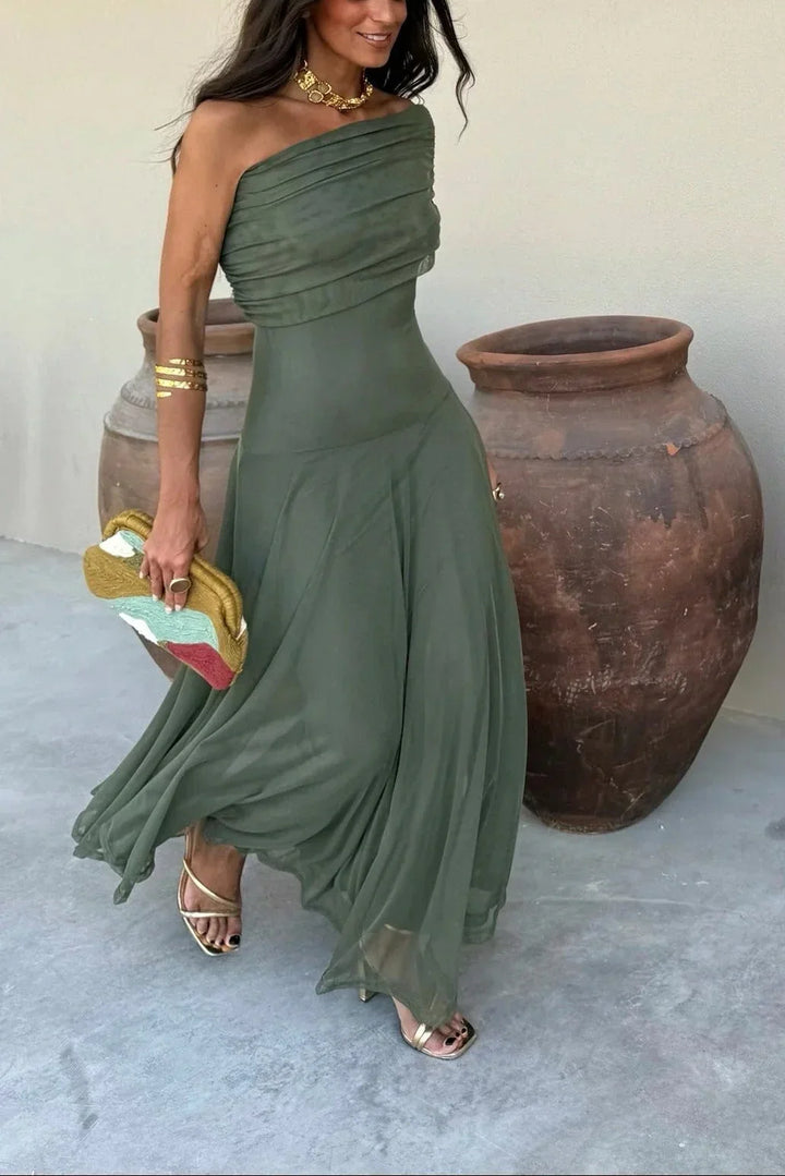 Vestido Largo Plisado de Un Solo Hombro