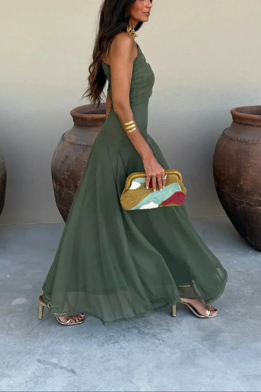 Vestido Largo Plisado de Un Solo Hombro